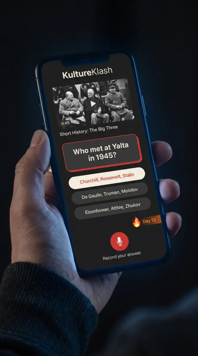 The KultureKlash app in hand, showing a quiz card, a streak counter and a record button.